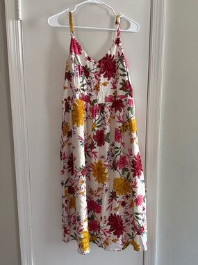 Old Navy White Floral Spaghetti Strap Dress with Pink and Yellow Flowers Size L